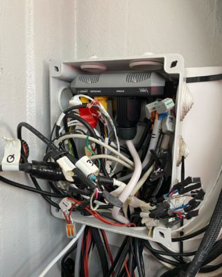 Another reason to call us. This is the mast junction at a NEW yacht. First time the rig was disconnected. If you look closely you can see network cables that were cut, then twisted back together, then heat shrink. This is absolutely embarrassing. Of course nothing was working!!! Call us and get it done the right way the first time every time. 401-447-6827. #rcmarineelectric #marineelectronics #marineelectrical
